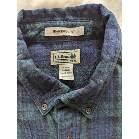 LL Bean Mens Black Watch Plaid Long Sleeve Button Up Flannel Shirt Large - Picture 3 of 3